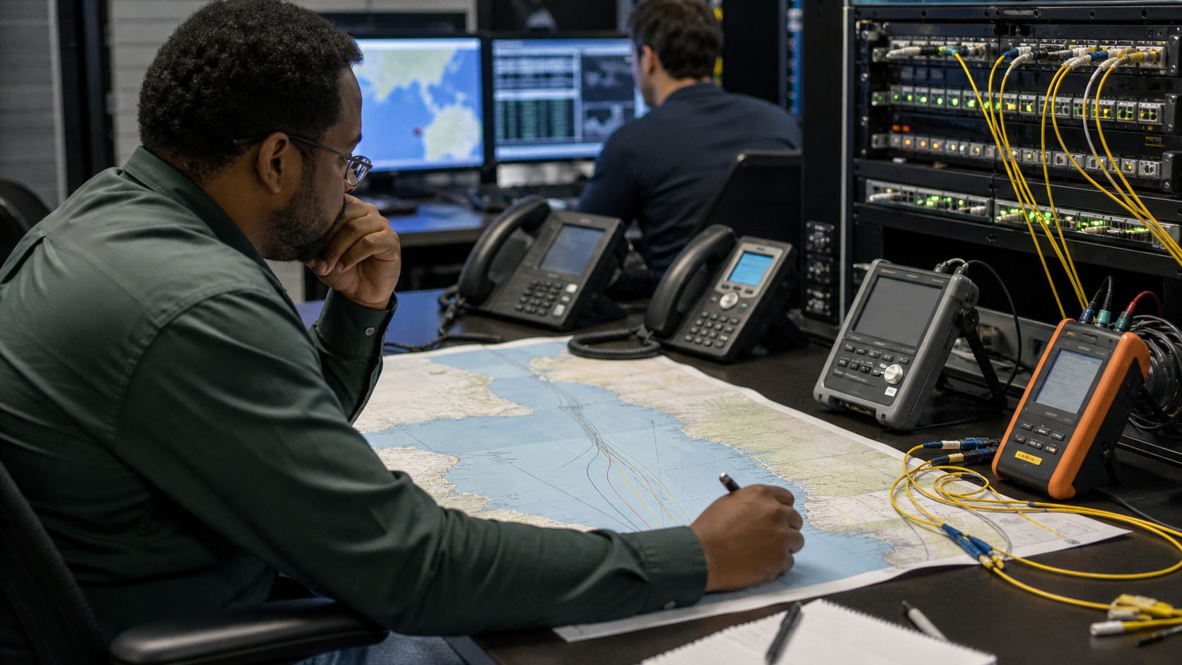 Synthetic editorial image of telecom engineers reviewing undersea cable route evidence, unbranded desk phones, network racks, and fiber test equipment.