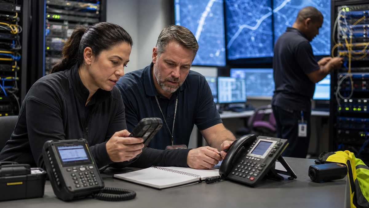 Synthetic editorial image of telecom operations staff reviewing unbranded desk phones, network racks, field communications, and critical-infrastructure continuity notes.