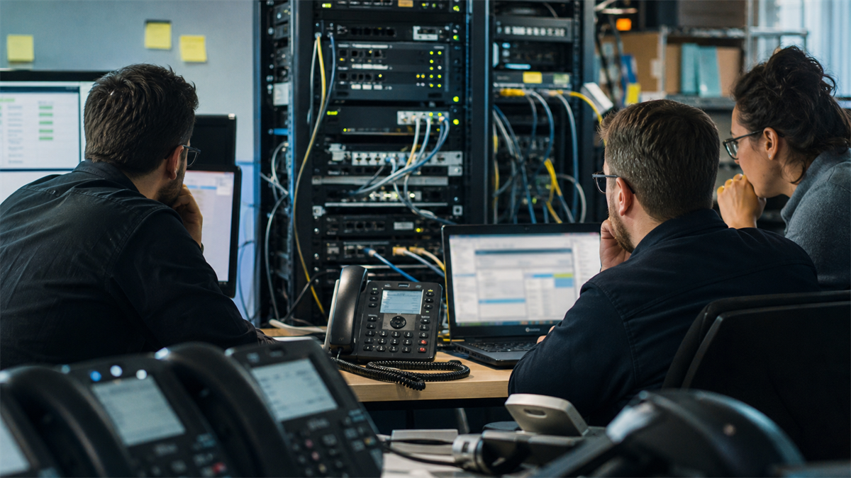 Telecom operations team reviewing business phone security, network equipment, and VoIP continuity plans.