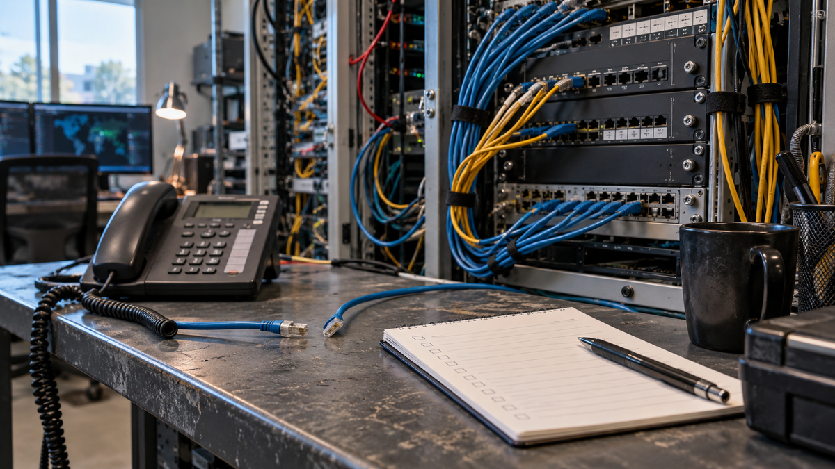 Synthetic representative editorial scene of an unbranded telecom route-review bench; not an FCC facility, Digital Solutions equipment or an actual blocked call path.