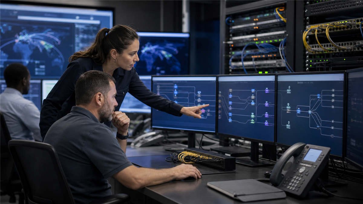 Synthetic editorial image of telecom engineers reviewing unbranded SIP routing diagrams, desk phones, patch panels, and network equipment.