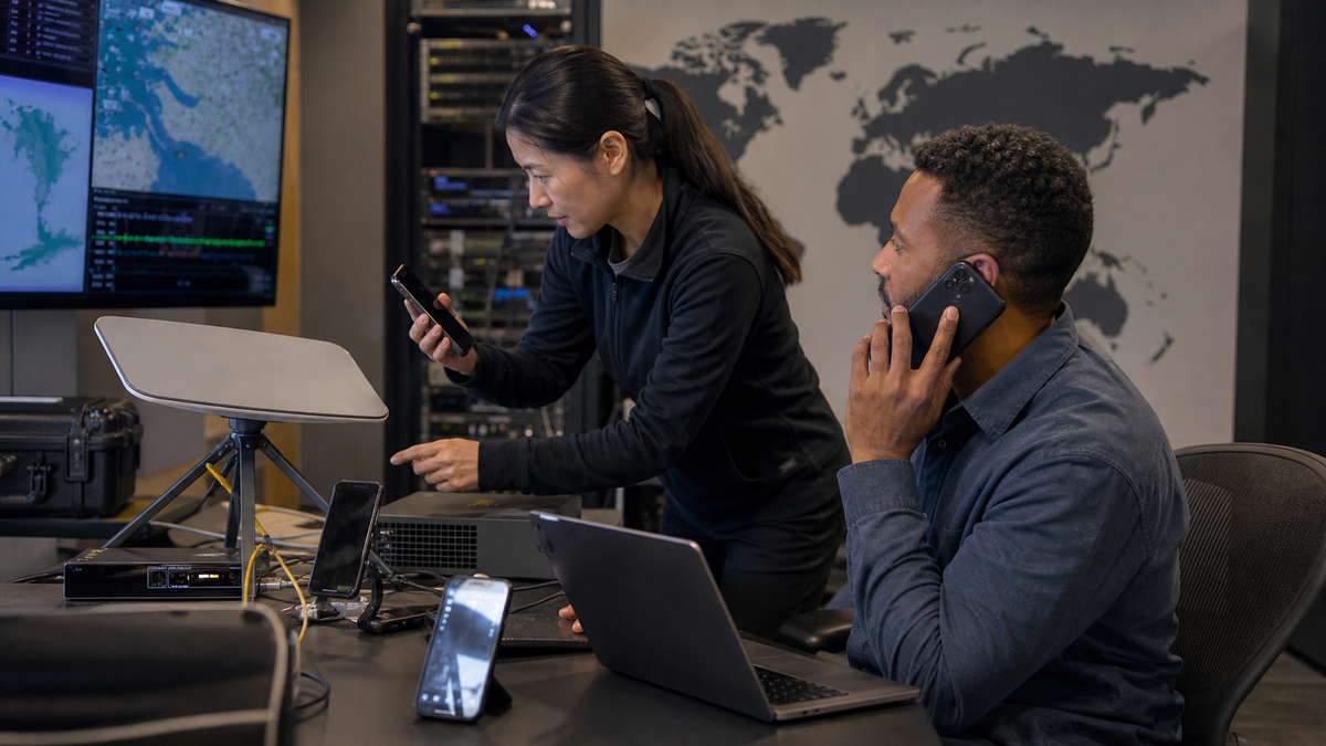 Synthetic editorial image of telecom operations staff reviewing unbranded direct-to-device satellite backup voice evidence.