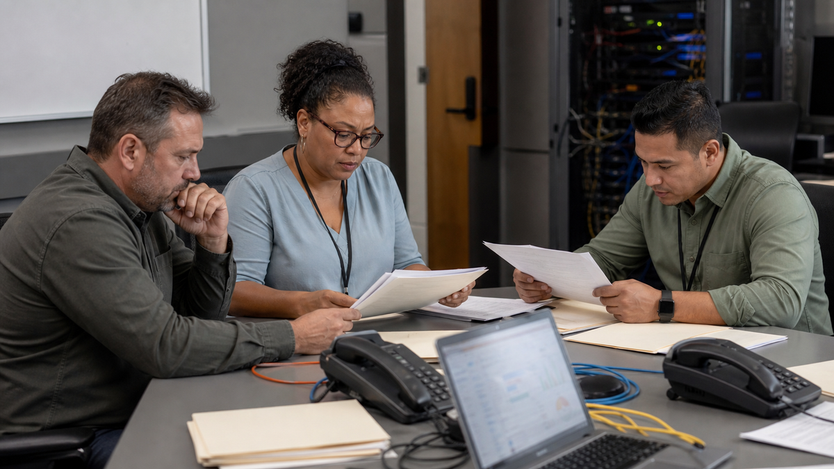 Synthetic editorial image of telecom compliance staff reviewing unbranded desk phones, network racks, blank subscriber-transfer paperwork, and porting evidence.