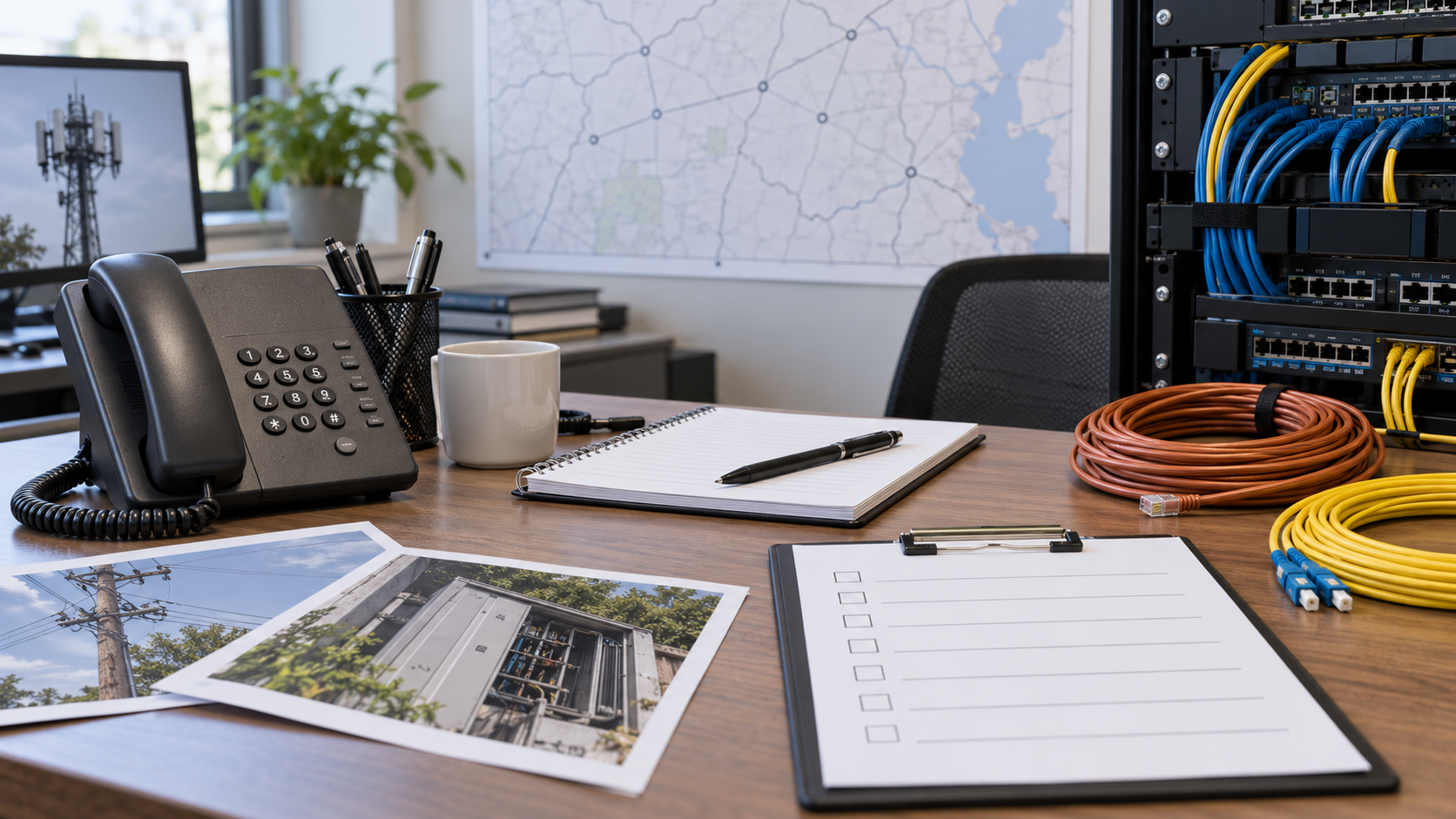 Synthetic representative editorial scene of unbranded telecom transition-planning equipment; not FCC facilities, a carrier network or an actual 911 migration event.