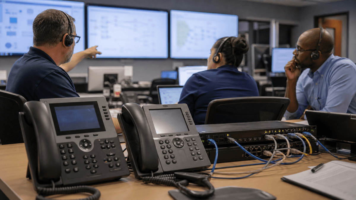 Synthetic editorial image of telecom operations staff reviewing unbranded emergency call routing, network failover, and 911 reliability evidence.