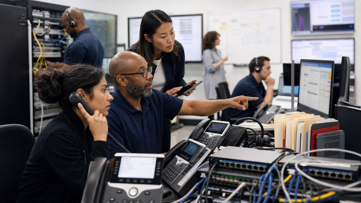 Telecom compliance team tracing unbranded VoIP call paths with desk phones, routing equipment, records folders, and blurred network monitors.