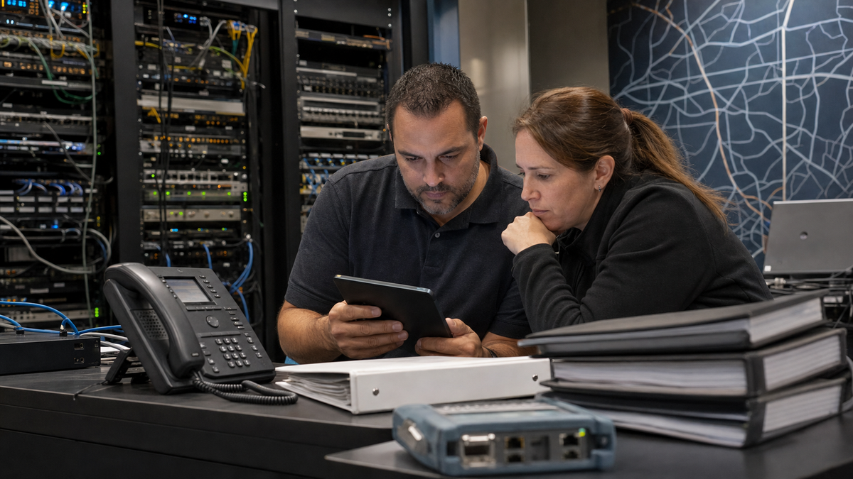 Synthetic editorial image of telecom compliance staff reviewing unbranded phones, network racks, binders, and robocall mitigation filing evidence.