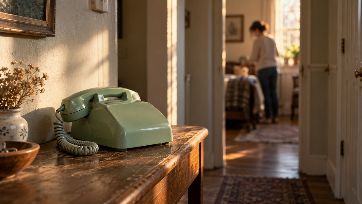Synthetic representative editorial scene of an unbranded corded telephone in a home hallway; not Tin Can's product or a photograph of an FCC event.
