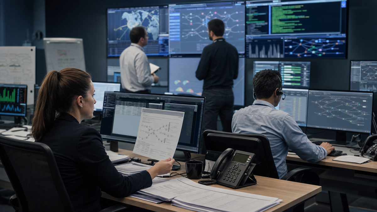 Synthetic editorial image of telecom operations staff reviewing unbranded robocall mitigation, call routing, and provider compliance evidence.