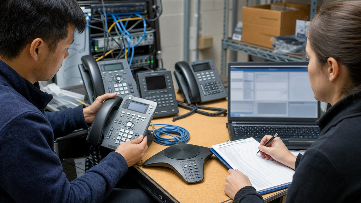 Telecom administrator and security analyst inspecting unbranded desk phones, conference phones, firmware notes, and network equipment.