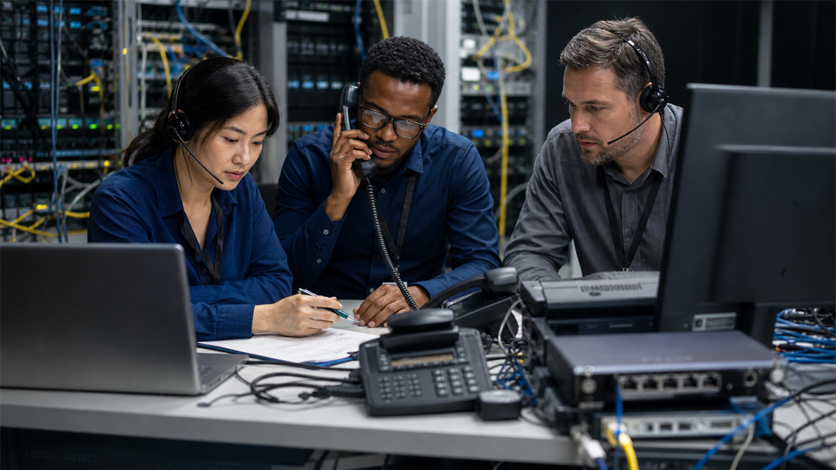 Synthetic editorial image of telecom operations staff reviewing provider breach recovery with unbranded network equipment and desk phones.