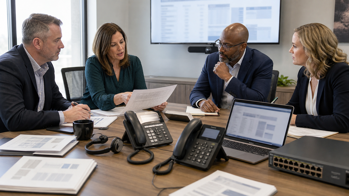 Telecom and finance team reviewing business phones, licensing plans, and unified communications renewal costs.