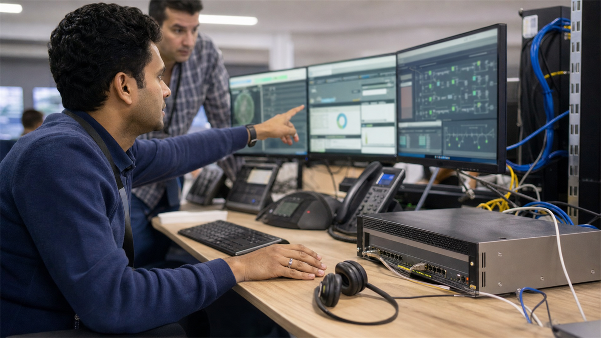 Synthetic editorial image of telecom engineers reviewing unbranded SIP trunk and TLS certificate readiness with desk phones and network equipment.