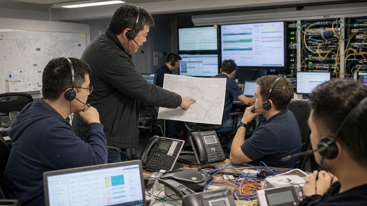 Synthetic editorial image of telecom operations staff reviewing unbranded phones, route maps, network racks, and voice continuity evidence during an outage drill.