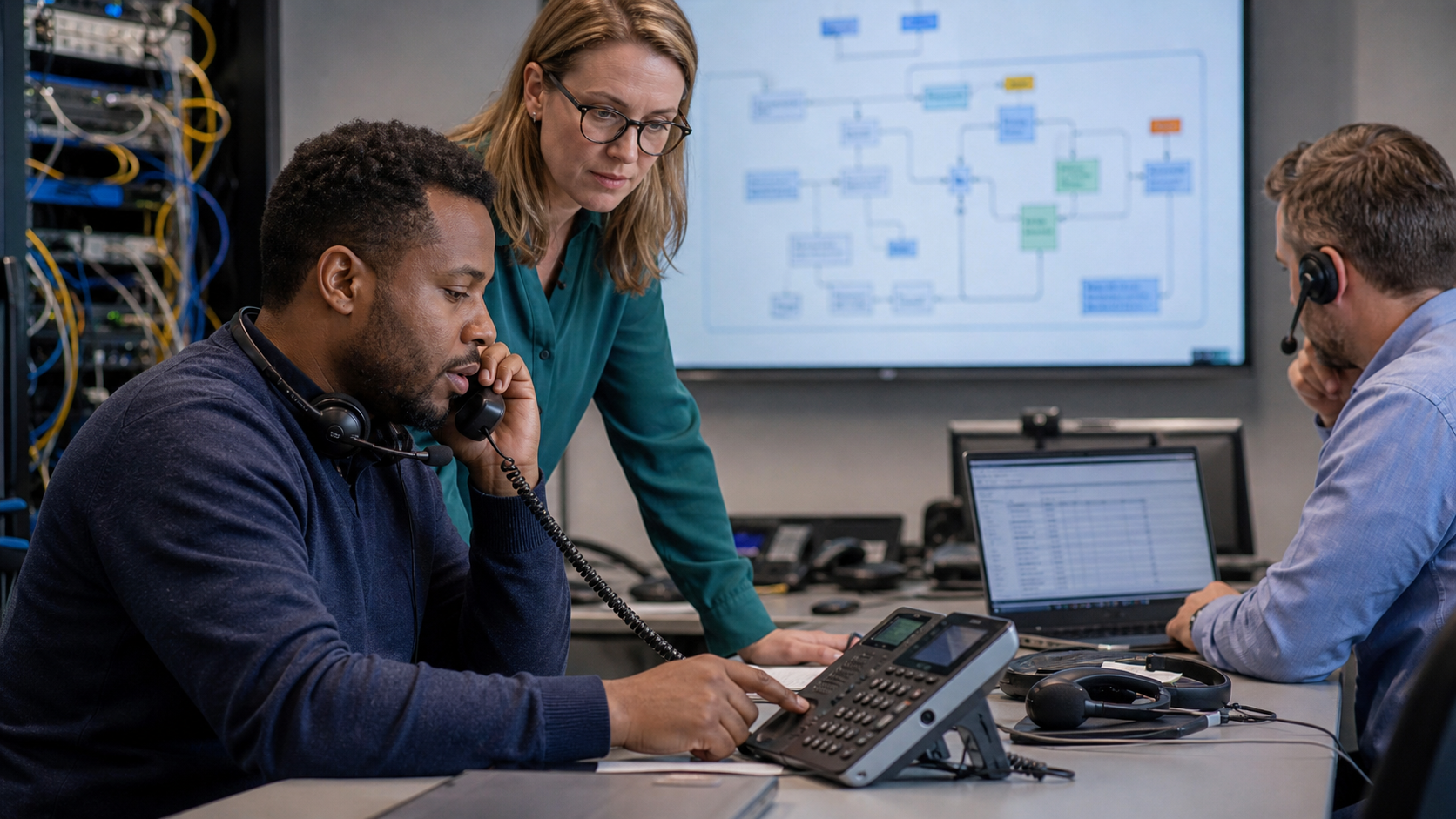 Telecom operations team reviewing desk phones, call routing plans, and AI phone attendant workflow diagrams.