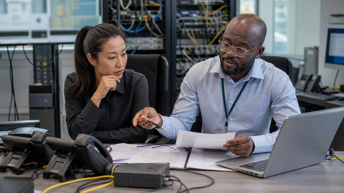 Telecom operations team reviewing phones, network equipment, and VoIP migration documents.