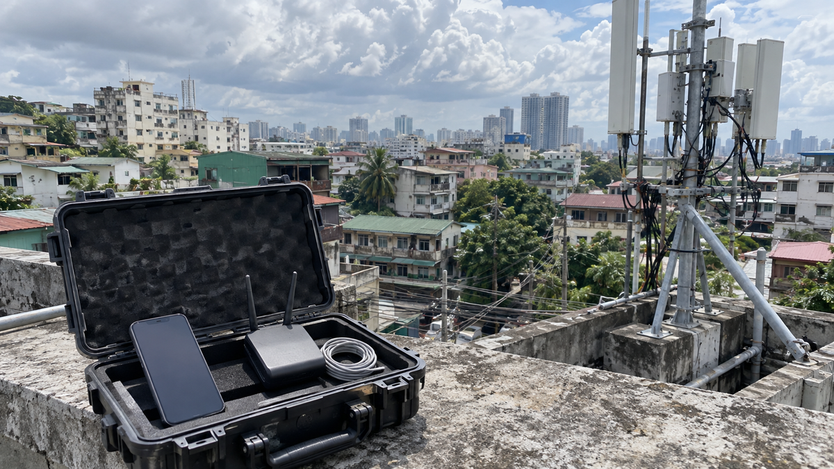 Synthetic representative editorial scene of unbranded mobile test equipment on an urban rooftop; not NTC personnel, a named carrier's installation or an actual enforcement test.