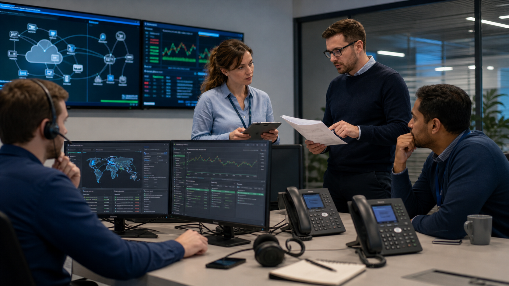 Telecom operations team reviewing cloud phone status dashboards, desk phones, call-routing plans, and failover evidence.