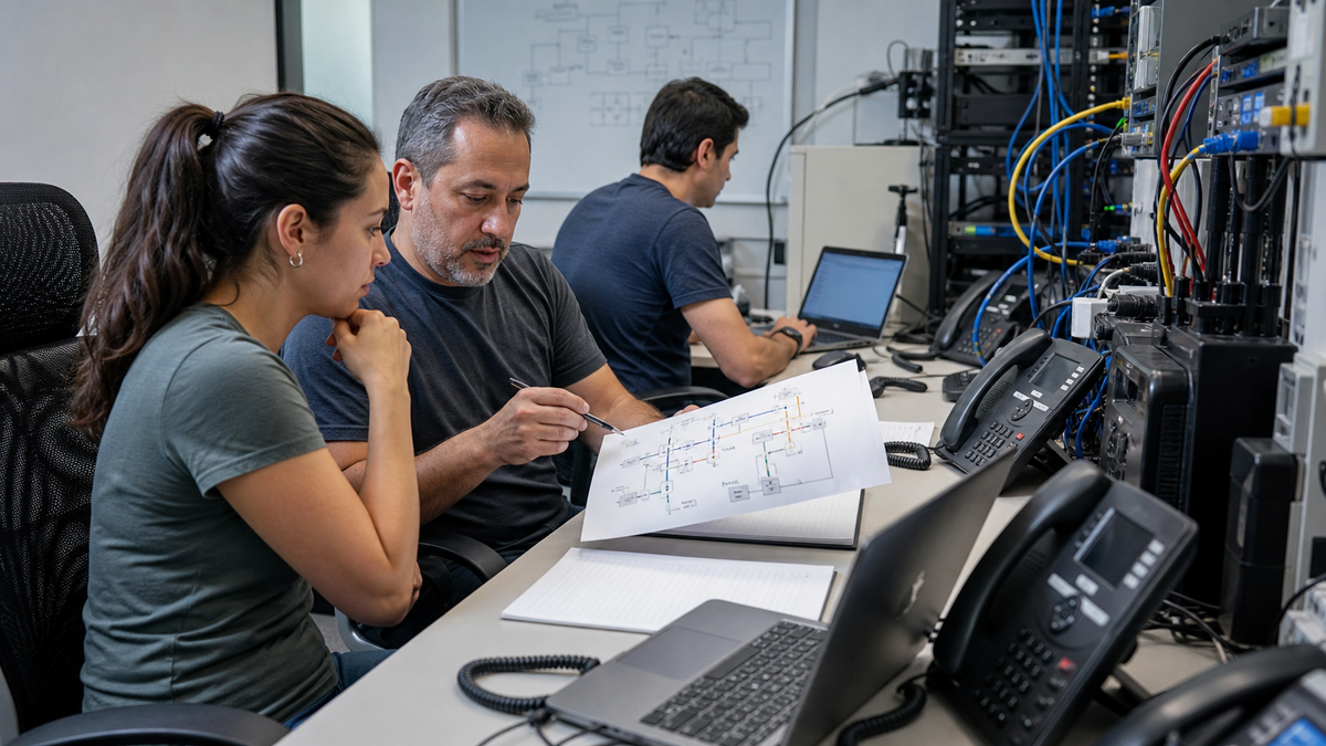Synthetic editorial image of telecom operations staff reviewing unbranded number inventory, call routing, and provider KYC controls.