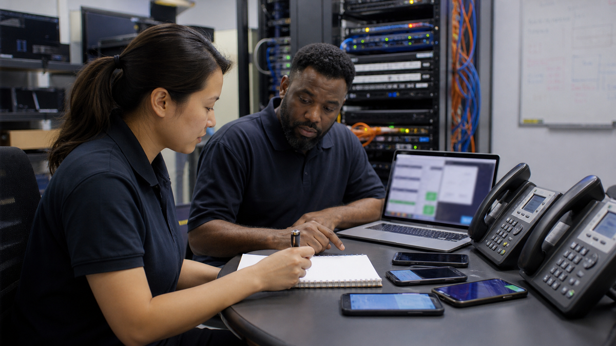Synthetic editorial image of telecom continuity staff reviewing unbranded desk phones, smartphones, network rack, and blurred outage status screen.