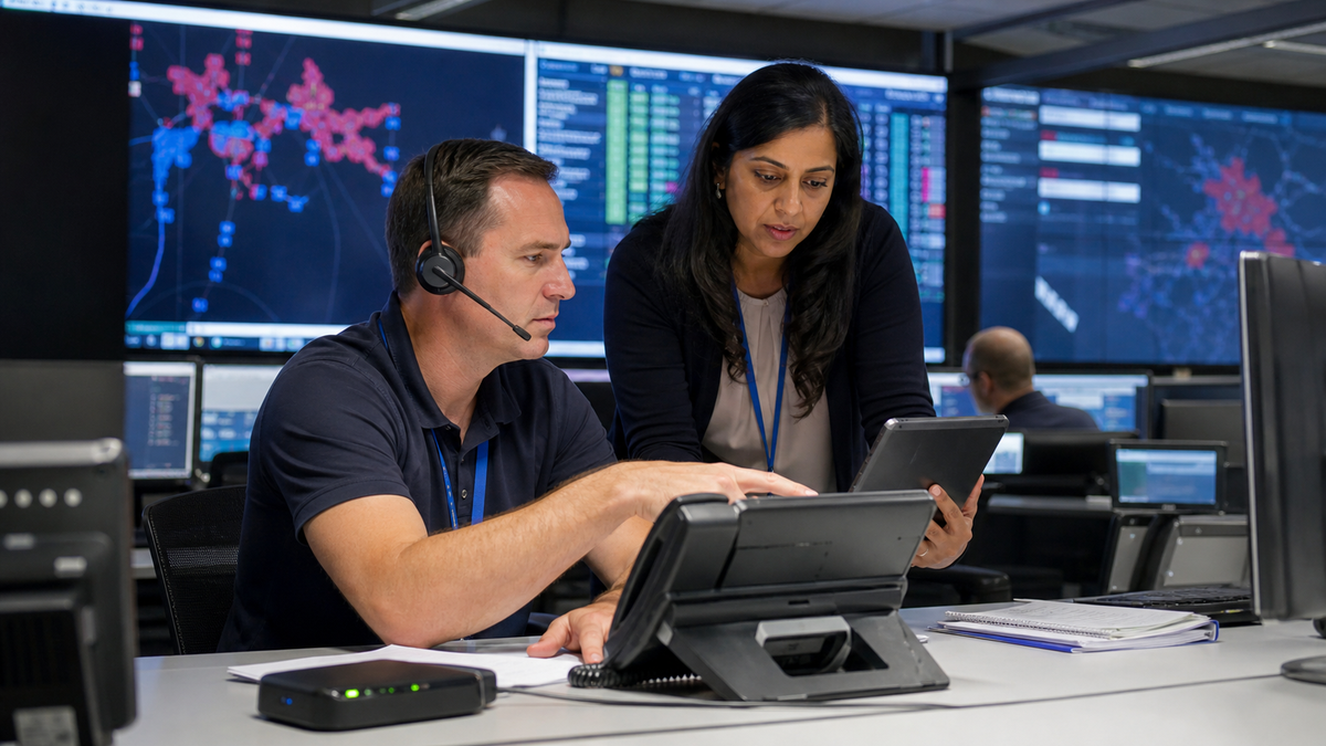 Synthetic editorial image of telecom operations staff reviewing voice network continuity during a mobile outage, with unbranded dashboards and desk phones.