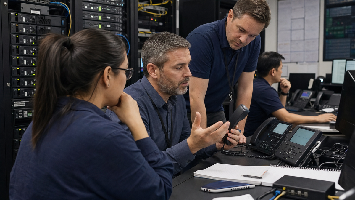 Synthetic editorial image of telecom operations staff reviewing unbranded network time-source equipment, desk phones, and voice continuity evidence.