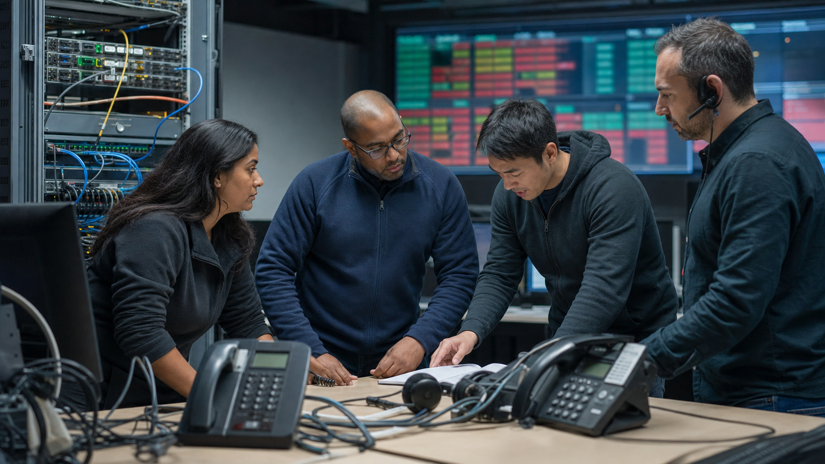 Synthetic editorial image of a telecom operations room with unbranded phones, network racks, and cloud voice outage monitoring screens.