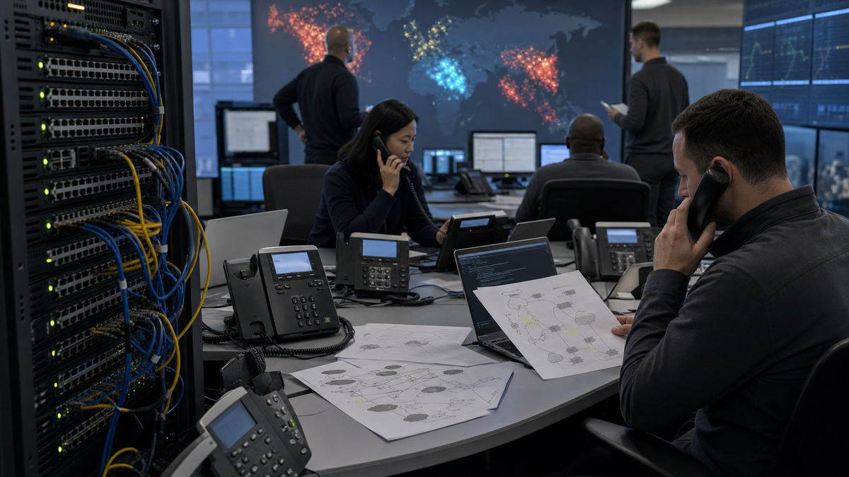 Synthetic editorial image of telecom operations staff reviewing unbranded network outage, cloud routing, and business voice continuity evidence.