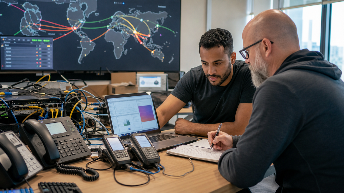 Synthetic editorial image of telecom engineers reviewing unbranded desk phones, patch cables, call route displays, and carrier failover evidence.