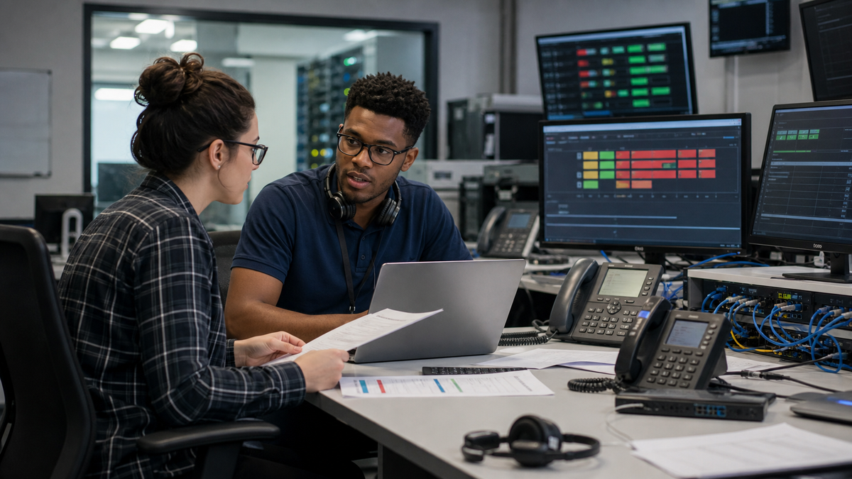 Synthetic editorial image of telecom and IT operations staff verifying unbranded UC client patch status, desk phones, and call-path evidence.